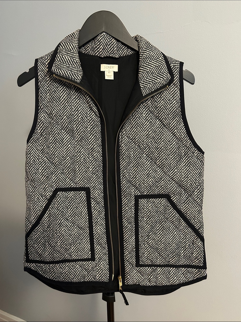 J. Crew Black & White Herringbone Zip Vest